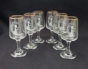 Vintage 6 Port Sherry Aperitif Glasses Romantic Design Gold Rim - Picture 1 of 6
