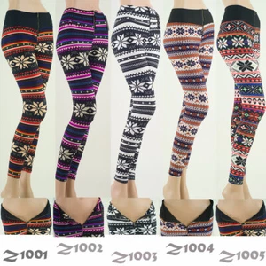 Women's Multi Color SNOWFLAKE REINDEER Printed Christmas Zipper Leggings - Picture 1 of 11