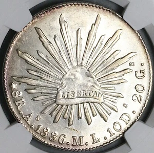 1886-As NGC AU Mexico 8 Reales Rare Alamos Cap Rays Silver Coin (23051501C) - Picture 1 of 6