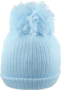 BABY POM POM HAT KNITTED BOBBLE WARM HOSPITAL BEANIE HATS PINK BLUE GIRLS BOYS - Picture 1 of 7