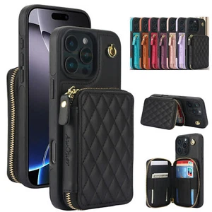 Grid Leather Card Wallet Zipper Phone Case For iPhone 16 15 14 13 12 11 XR 7 8 - Picture 1 of 19