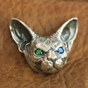 925 Sterlingsilber grün blau CZ Augen Sphynx Katze Herren Biker Charm Anhänger TA113 - Bild 1 von 12