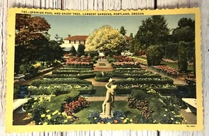 Portland OR, 743 Lambert Garden Spanish Pool, Ghost Tree, Vintage Linen Postcard - Picture 1 of 2