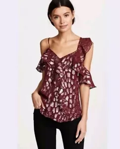 Veronica Beard Burgundy Red Silver Print Ruffle Benton Top Women's Size 4 $325 - Picture 1 of 11