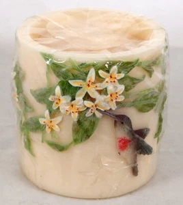 Avon Orange Blossom Hand Painted Pillar Candle with Flowers and 2 Hummingbirds - Picture 1 of 6