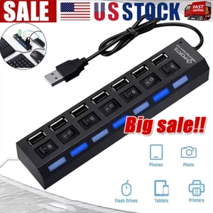 USB Hub 7 Port On/Off Switch High Speed Splitter AC Adapter Cable PC Laptop Lot - Picture 1 of 27