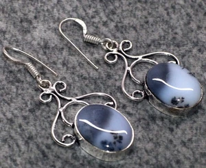 Exclusive Dendritic Opal 925 Silver Plated Gemstone Earrings 1.8" GW - Picture 1 of 3