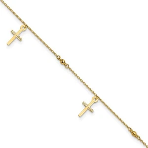 10k Polished and Textured Cross 9in Plus 1in ext. Anklet - Picture 1 of 4