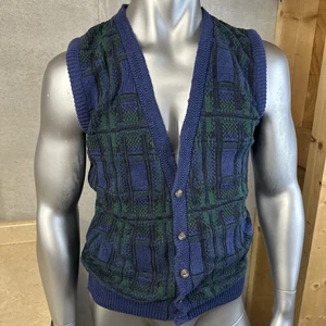 Vtg Chaps RL Cardigan Knit Sweater Vest Men’s M Medium Made In USA Green Plaid - Picture 1 of 4