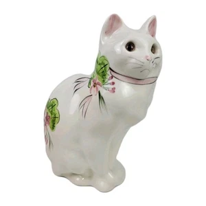 Vtg N.S. Gustin~Ceramic Sitting Cat~Floral Pink Green White~Glass Eyes~11" - Picture 1 of 12