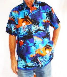 Loud Camicia Hawaiana Blu Palme/Arancione Sunsets XS, 112cm, Cervo Vacanze - Picture 1 of 5