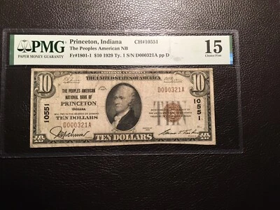10.00: 1929 national bank note Princeton Indiana PMG 15 choice fine only 26small - Image 1 of 2