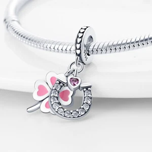 Glückliches rosa Glück Hufeisen Liebe Herz Kristall Hänger Charm Sterlingsilber 925 - Bild 1 von 6