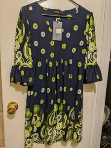 Reborn Navy Dress Small Floral green v neck puffy sleeve super cute boho - Picture 1 of 4
