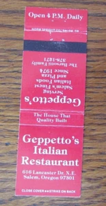PERSONAJE GEPPETTO EN PINOCHO CUBIERTA DE MATCHBOOK: SALEM, ORGON MATCHCOVER -C4 - Imagen 1 de 1