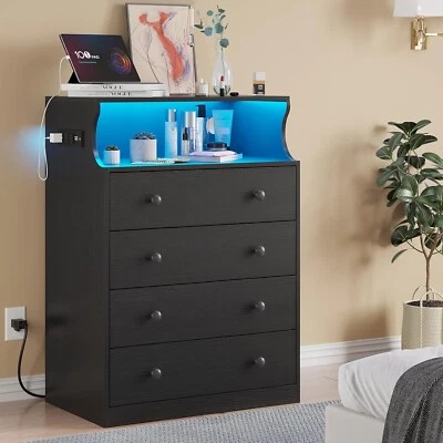 Black Dresser with Charging Station LED Light 4 Drawers Dresser Chest of Drawers - Image 1 of 4