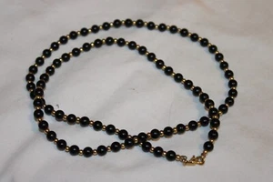 Vintage Monet Black Beaded Necklace Gold Tone Accents - Picture 1 of 4