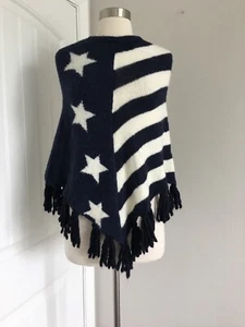 NWT PINKO VIVIANA NAVY BLUE WHITE STARS STRIPES FRINGE PONCHO SZ M MADE IN ITALY - Picture 1 of 8