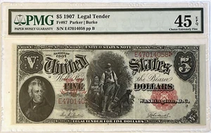 1907 $5 Legal Tender Woodchopper Large Size Note PMG Graded "Ch XF 45 EPQ" Fr#91 - Picture 1 of 20