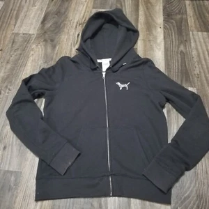 Victoria's Secret Pink Black Zip Jacket Hoodie Sequin Silver Bling P Womens M - Picture 1 of 14