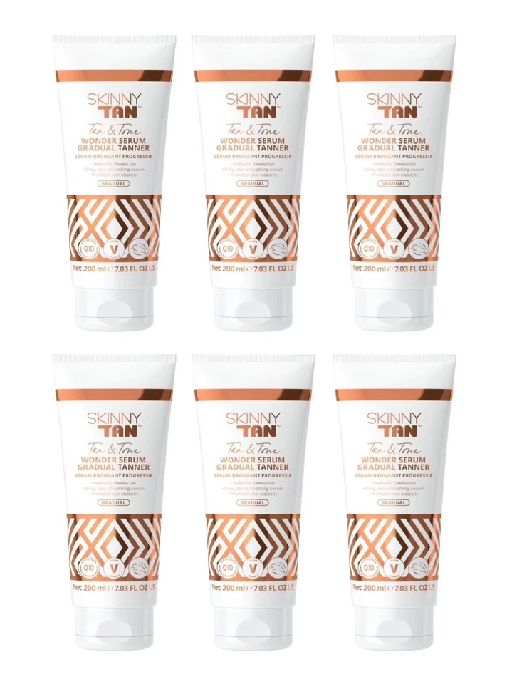 6 x Skinny Tan - Tan & Tone Wonder Serum Gradual Tanner (6x200ml Tubes) - New