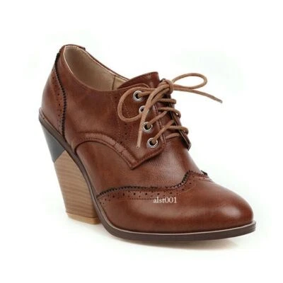 Brogues женщин шнурует вверх Wingtip на танкетке высоких каблуках Оксфорды насосы круглый носок обуви размер - Изображение 1 из 4
