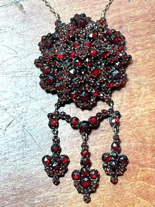 Antique Victorian Bohemian Garnet GF Pendant Necklace with 10 K Chain 16 1/2" - Picture 1 of 5