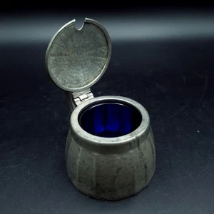 Civic Pewter Mustard Pot cobalt Blue Glass Linet pot England Art Deco H4cm C1930 - Picture 1 of 14