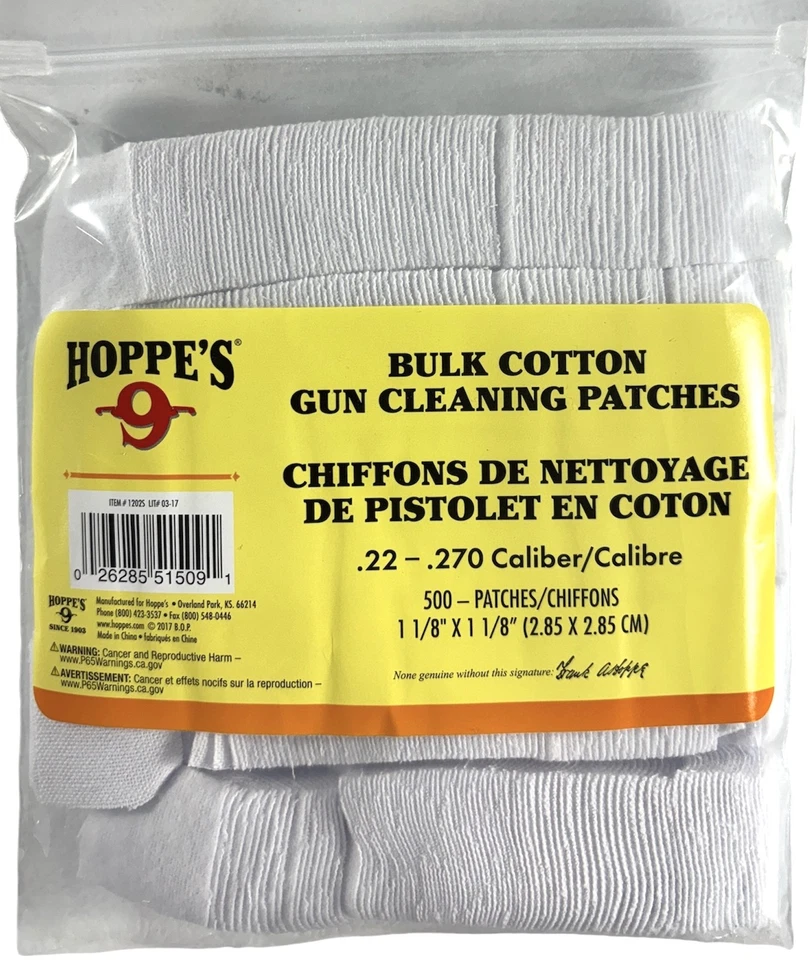 Parches de limpieza de pistola Hoppe's algodón 22-270 Cal, paquete cuadrado de 500 1,125" Foto 1 de 1