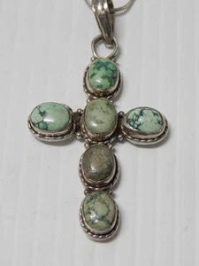 SCHWERES VINTAGE SÜDWEST NAVAJO INDIANER STERLINGSILBER TÜRKIS KREUZ GRATIS KETTE - Bild 1 von 6