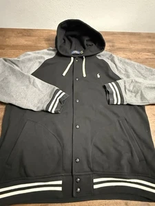 Polo Ralph Lauren Mens Athletic Black Grey Hooded Snap Front Baseball Jacket XXL - Picture 1 of 9
