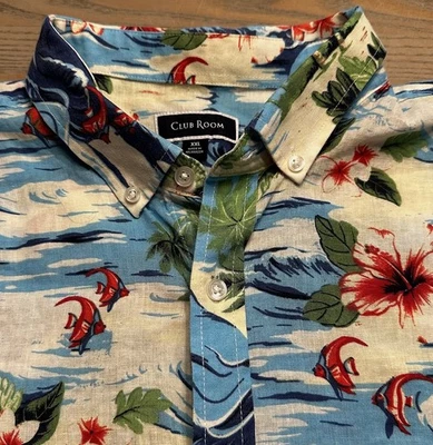 Club Room Blue Linen Blend Shirt Mens XXL Short Slv Palms Hawaiian Tropical Fish - Image 1 of 4