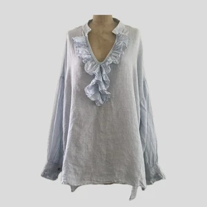 Harshman weiß blau Leinen Langarm gestreift klassisch lässig Rüschen Top 1X - Bild 1 von 8