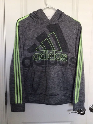 ADIDAS-Sz. LG (14/16)BOYS Hooded Pullover Sweatshirt-Front Pouch-Gray-Neon Green - Image 1 of 4