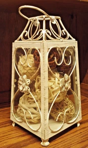 Large Metal & Glass Ornate Distressed Antique White LANTERN Scrolled Floral Box - Picture 1 of 14
