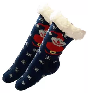 Damen dicke Strick Sherpa Fleece Hausschuhe Socken marineblau Basis Schneemann 9-11 - Bild 1 von 3