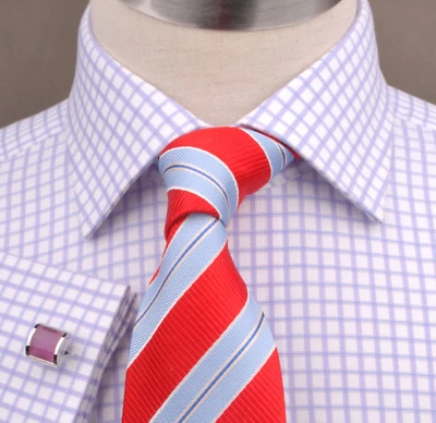 Camisa de vestir formal de negocios a cuadros de pastor púrpura sarga tejido de lujo puño francés Foto 1 de 4