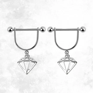 14G Dangle Diamond Charm Nipple Shield Ring Stirrup Jewelry Sold as Pair - Picture 1 of 5