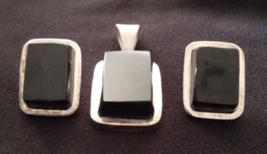 Vintage Sterlingsilber und Onyx Anhänger und Ohrring Set. - Bild 1 von 5
