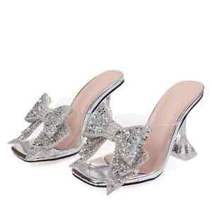 2023 Transparent women's slippers, crystal bow high heels, sandals