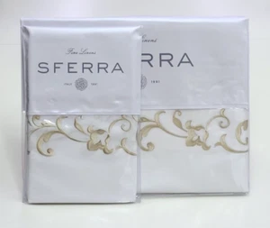 Sferra Griante Full/Queen Flat Sheet & Standard Pillowcase Pair White/Oat Italy - Picture 1 of 10