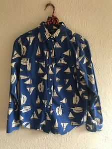 VINTAGE LAUREN RALPH LAUREN WOMENS PETITE LONG SLEEVE COTTON SAIL BOAT PRINT - Picture 1 of 4