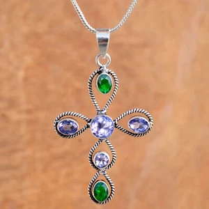Faceted Amethyst & Diopside Gemstone 925 Sterling Silver Faith Inspired Cross - Picture 1 of 8