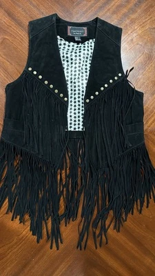 Forever 21 女式黑色麂皮绒皮革流苏镶嵌背心波西米亚节日 M 码 — 第 1/4 张图片