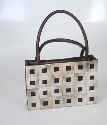 Vintage Shell Purse Mother of Pearl 2 Sided Tile Handbag Silky Lining & Handles - Image 1 of 4