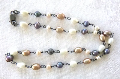 Multi-color Baroque Pearl 16" Choker Necklace 925 Sterling Silver links - Image 1 of 3