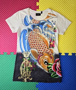 Christian Audigier Vintage USA Y2K Koi Fish Floral AOP T Shirt Womens Small S - Picture 1 of 9
