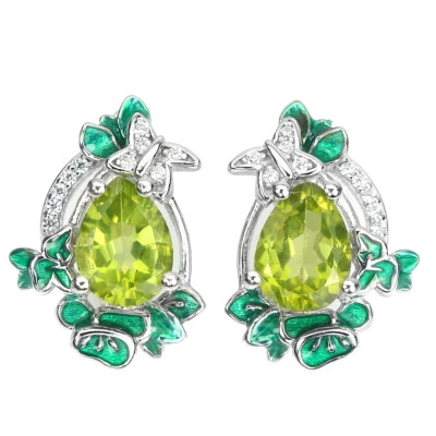 925 Sterling Silver Earrings Pear Peridot 8x6mm Natural Gemstone Jewelry - Image 1 of 4