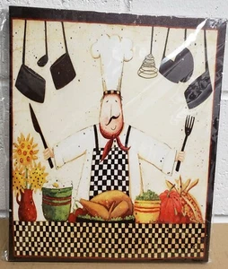 1 KITCHEN CANVAS WALL FRAME, app. 10" x 12", FAT CHEF WITH FORK & KNIFE - Picture 1 of 9