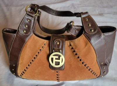 Tommy Hilfiger Cuero y Pana Dos Tonos Marrón Bolso Cartera Bolso Hobo Foto 1 de 4